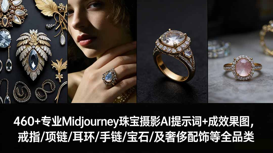 460+专业Midjourney珠宝摄影AI提示词+成效果图，戒指/项链/耳环/手链/宝石/及奢侈配饰等全品类-优创项目网
