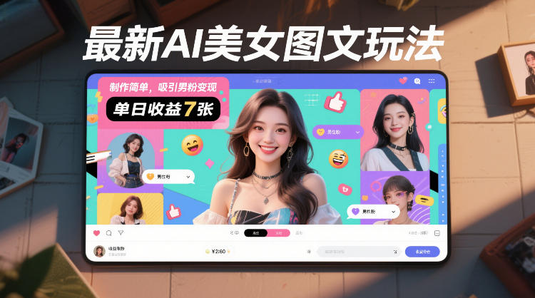 最新AI美女图文玩法，制作简单，吸引男粉变现，单天收益7张-优创项目网