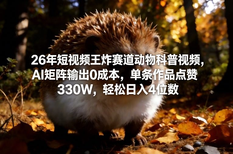 26年短视频王炸赛道动物科普视频，AI矩阵输出0成本，单条作品点赞330W，轻松日入4位数-优创项目网