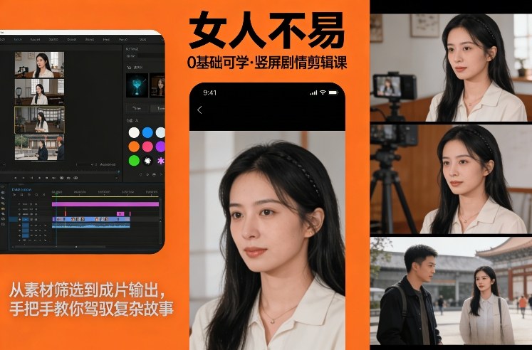 0基础可学！《女人不易》竖屏剧情剪辑课，从素材筛选到成片输出，手把手教你驾驭复杂故事-优创项目网