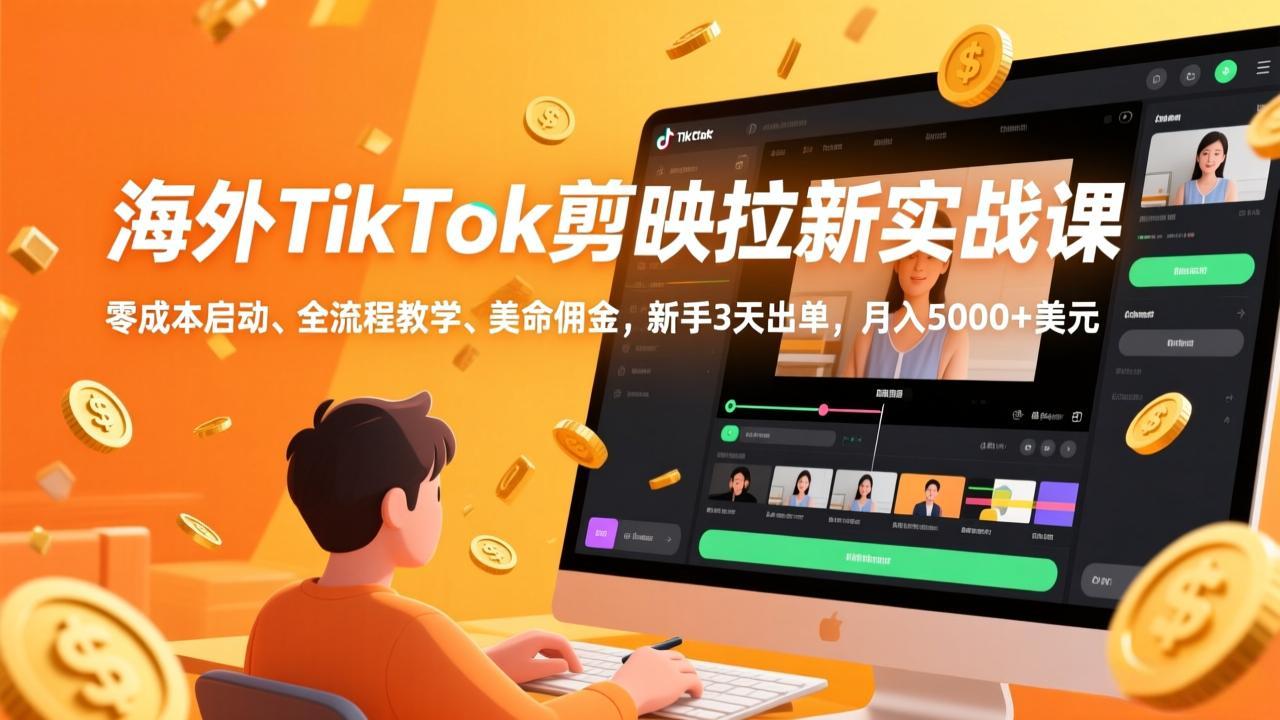 海外TikTok剪映拉新实战课，零成本启动、全流程教学、美金佣金，新手3天出单，月入5000+美元-优创项目网