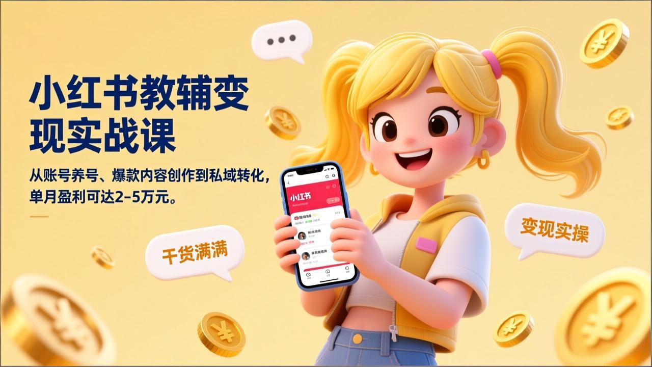 小红书教辅变现实战课，从账号养号、爆款内容创作到私域转化，单月盈利可达2-5万元-优创项目网