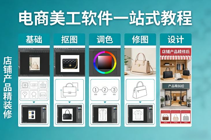 电商美工软件一站式教程，基础/抠图/调色/修图/设计，店铺产品精装修-优创项目网