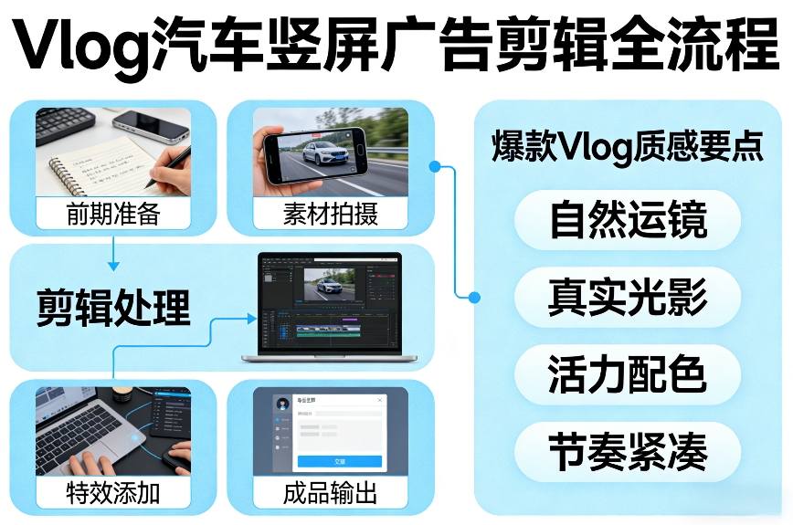 Vlog感觉汽车竖屏广告剪辑脚本全流程，拿捏爆款Vlog质感-优创项目网