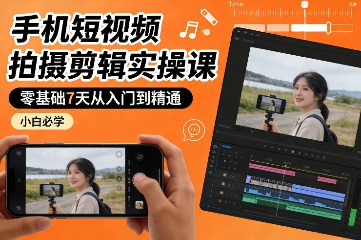 手机短视频拍摄剪辑实操课，零基础7天从入门到精通，小白必学-优创项目网