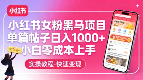 小红书女粉黑马项目，单篇帖子日入1k+，小白零成本上手-优创项目网