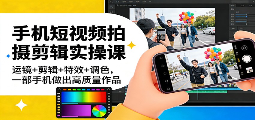 手机短视频拍摄剪辑实操课：运镜+剪辑+特效+调色，一部手机做出高质量作品-优创项目网