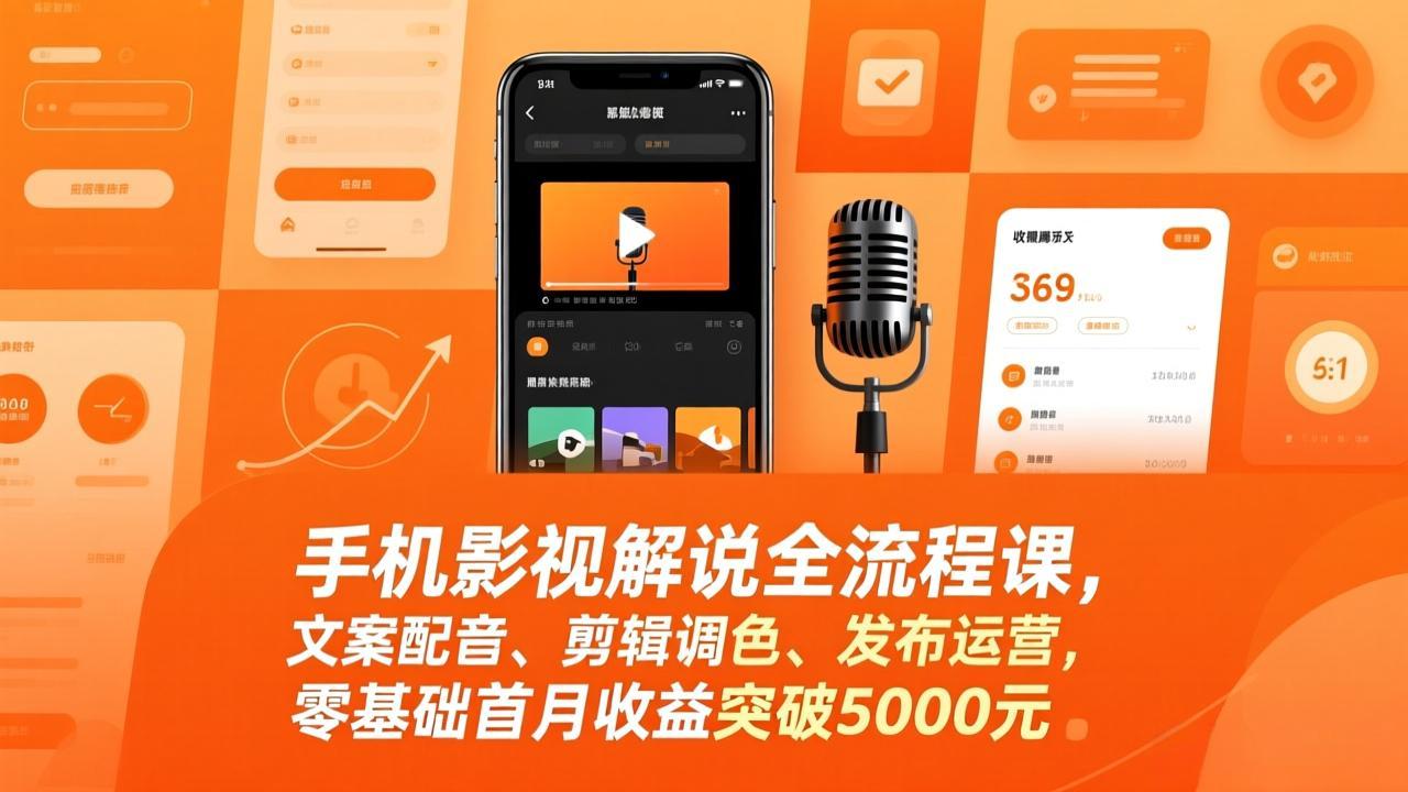 手机影视解说全流程课，文案配音、剪辑调色、发布运营，零基础首月收益突破5000元-优创项目网