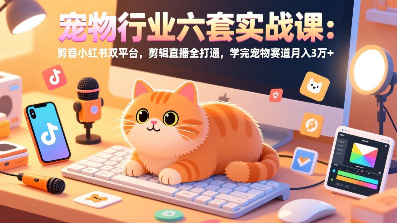 宠物行业六套实战课：抖音小红书双平台，剪辑直播全打通，学完宠物赛道月入3万+-优创项目网