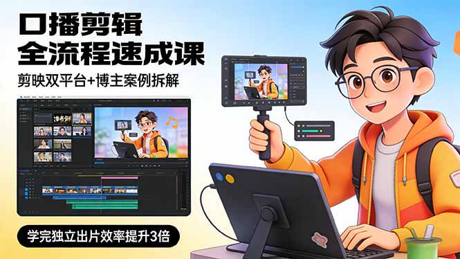 口播剪辑全流程速成课，剪映双平台+博主案例拆解，学完独立出片效率提升3倍-优创项目网