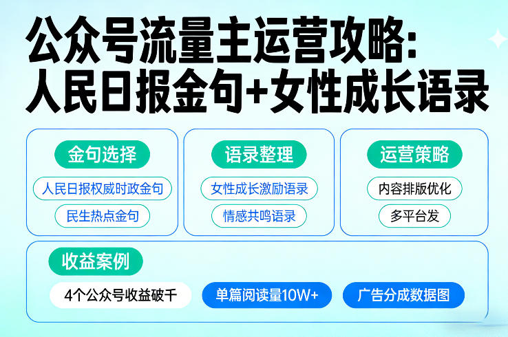 利用人民日报金句+女性成长语录做公众号流量主，4个公众号收益破千-优创项目网