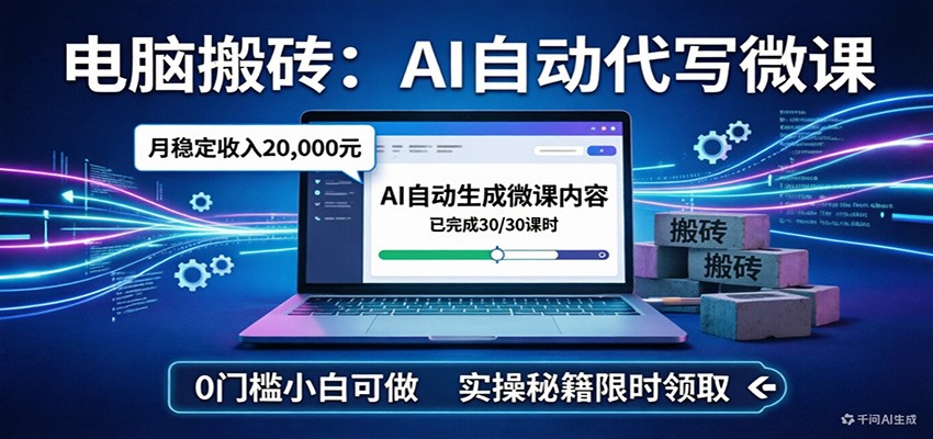 电脑搬砖AI自动代写微课，月稳定2W，0门槛小白可做，实操秘籍-优创项目网