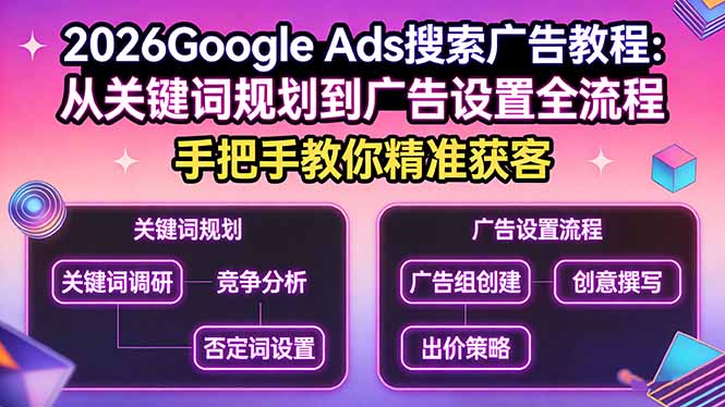 2026Google Ads搜索广告教程：从关键词规划到广告设置全流程，手把手教你精准获客-优创项目网