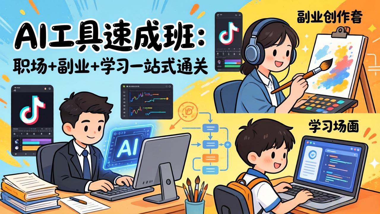 AI工具速成班：职场+副业+学习一站式通关，20+爆款类型+剪映技巧+抖音算法，0基础快速上手-优创项目网