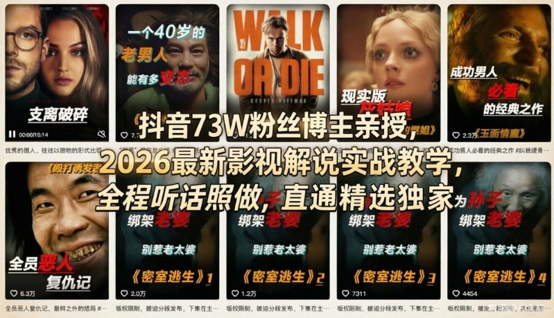 抖音73W粉丝博主亲授，2026最新影视解说实战教学，全程听话照做，直通精选独家-优创项目网