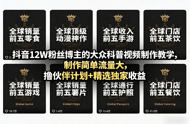 抖音12W粉丝博主的大众科普视频制作教学，制作简单流量大，撸伙伴计划+精选独家收益-优创项目网