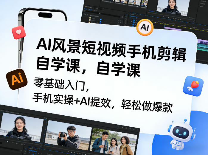 AI风景短视频手机剪辑自学课，零基础入门，手机实操+AI提效，轻松做爆款-优创项目网