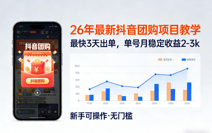26年最新抖音团购项目教学，0门槛，最快3天出单，单号月稳定收益2-3k(更新3月19日)-优创项目网