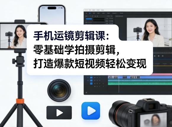 手机运镜剪辑课：零基础学拍摄剪辑，打造爆款短视频轻松变现-优创项目网