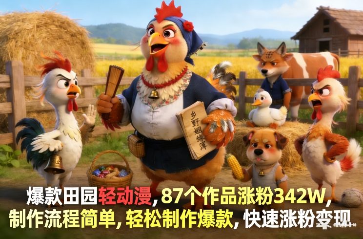 爆款田园轻动漫，87个作品涨粉342W，制作流程简单，轻松制作爆款，快速涨粉变现-优创项目网