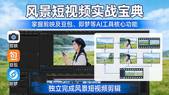 风景短视频实战宝典：掌握剪映及豆包、即梦等AI工具的核心功能，独立完成风景短视频剪辑-优创项目网