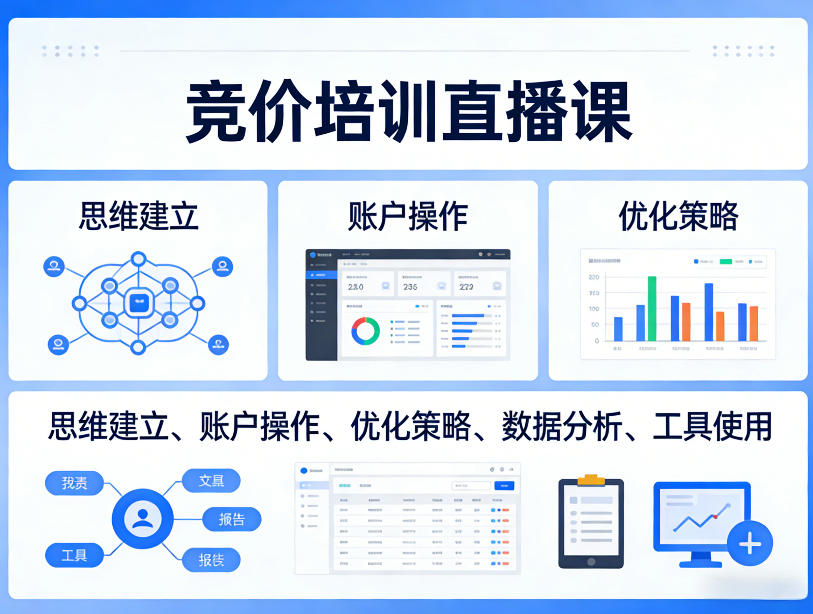 竞价培训直播课，覆盖思维建立、账户操作、优化策略、数据分析、工具使用等，全方位提升效果-优创项目网
