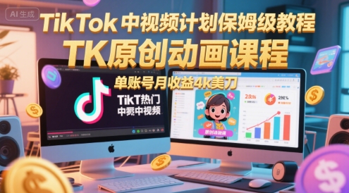 TikTok中视频计划保姆级教程，TK原创动画课程，单账号月收益4k美刀-优创项目网