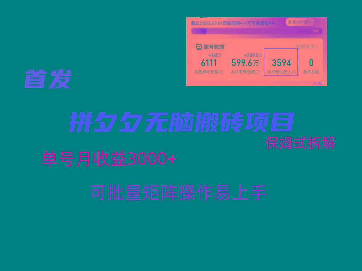 拼夕夕无脑搬砖，单号稳定收益3000+，保姆式拆解-优创项目网