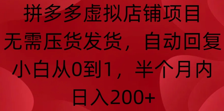 拼多多虚拟店铺项目，无需压货发货，自动回复，小白从0到1，半个月内日入200+【揭秘】-优创项目网