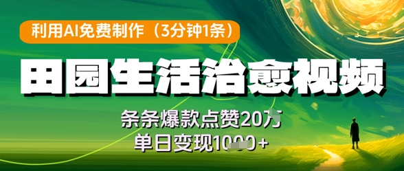 利用AI免费制作田园生活治愈视频，条条爆款点赞20W，单日变现几张-优创项目网