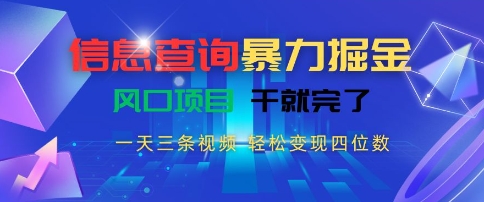 信息查询暴力掘金，一天三条视频，轻松变现四位数，风口项目干就完了【揭秘】-优创项目网