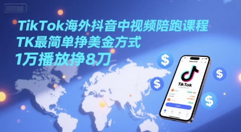 TikTok海外抖音中视频陪跑课程，TK最简单挣美金方式，1万播放挣8刀-优创项目网