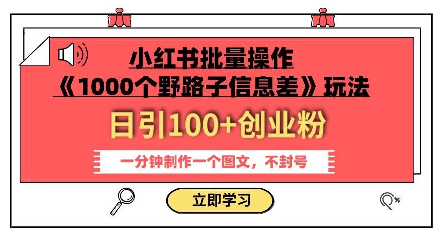 小红书批量操作《1000个野路子信息差》玩法，一分钟制作一个图文，不封号，日引100+创业粉-优创项目网