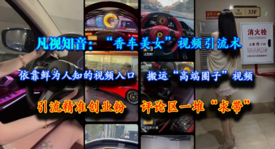 凡视知音：“香车美女”视频引流术，依靠鲜为人知的视频入口，搬运“高端圈子”视频，引流精准创业粉，评论区一堆“求带”-优创项目网