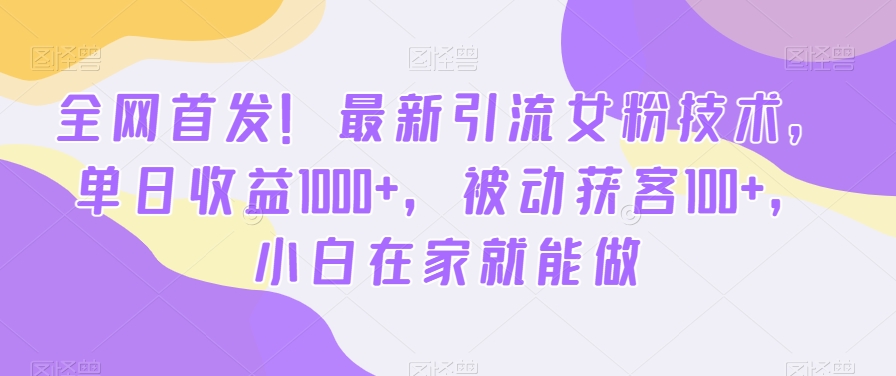 全网首发！最新引流女粉技术，单日收益1000+，被动获客100+，小白在家就能做【揭秘】-优创项目网