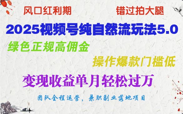 2025视频号纯自然流玩法5.0，绿色正规高佣金，操作爆款门槛低，变现收益单月轻松过万-优创项目网