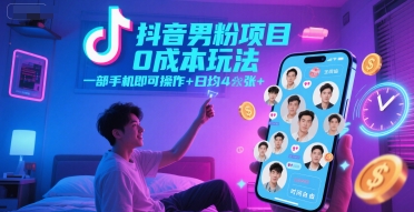 抖音男粉项目0成本玩法，一部手机即可操作，日均4张+，时间自由-优创项目网