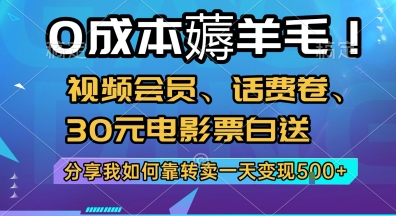 0成本薅羊毛!视频会员、话费卷、30元电影票白送，分享我如何靠转卖一天变现5张+【揭秘】-优创项目网