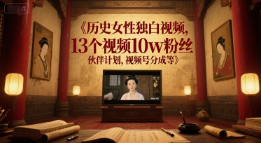 历史女性独白视频，13个视频10w粉丝，伙伴计划，视频号分成等-优创项目网