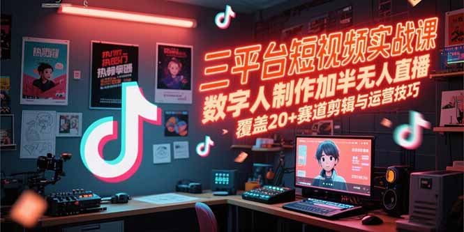 三平台短视频实战课，数字人制作加半无人直播，覆盖20+赛道剪辑与运营技巧-优创项目网