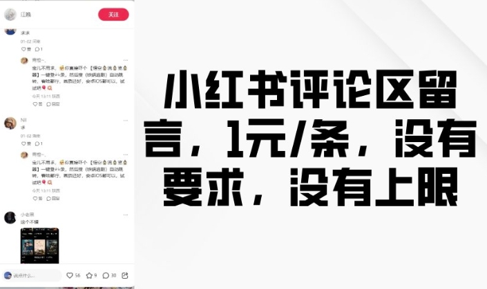 小红书评论区留言，1元条，没有要求，没有上限-优创项目网