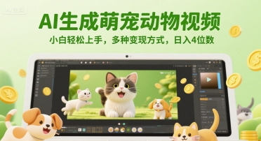 AI生成萌宠动物视频，小白轻松上手，多种变现方式，日入4位数-优创项目网