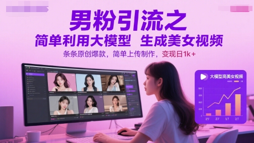 男粉引流之简单利用大模型生成美女视频，条条原创爆款，简单上传制作，变现日1k+-优创项目网