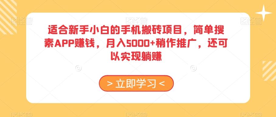 适合新手小白的手机搬砖项目，简单搜素APP赚钱，月入5000+稍作推广，还可以实现躺赚【揭秘】-优创项目网
