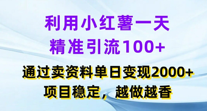 利用小红书一天精准引流100+，通过卖项目单日变现2k+，项目稳定，越做越香【揭秘】-优创项目网
