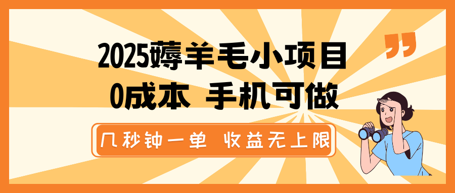 2025薅羊毛小项目，0成本 手机可做，几秒钟一单，收益无上限-优创项目网