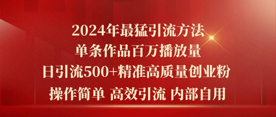 2024年最猛暴力引流方法，单条作品百万播放 单日引流500+高质量精准创业粉-优创项目网
