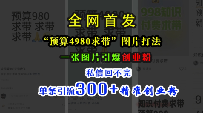 小红书“预算4980带我飞”图片打法，一张图片引爆创业粉，私信回不完，单条引流300+精准创业粉-优创项目网