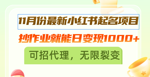 11月份最新小红书起名项目，抄作业就能日变现1000+，可招代理，无限裂变-优创项目网