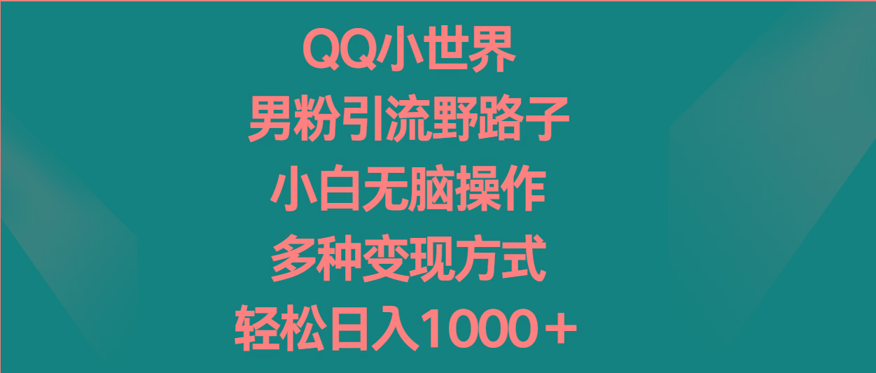 QQ小世界男粉引流野路子，小白无脑操作，多种变现方式轻松日入1000＋-优创项目网